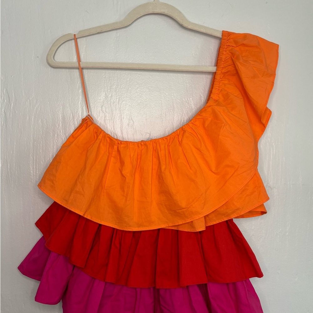 Sugarlips Orange,Red & Pink Ruffled One-Shoulder Tunic Top